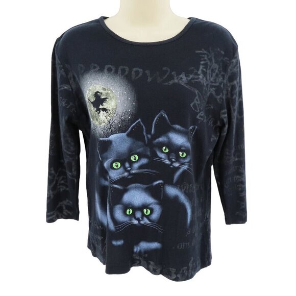 My Halloween Womens Small Rhinestone Black Cat Witch Spooky Shirt All Cotton - Picture 1 of 10